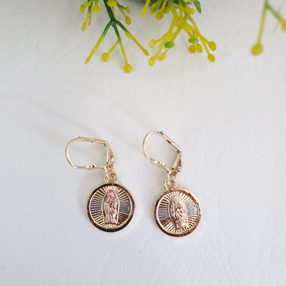 Tri Color Lady of Guadalupe Gold Plated Necklace and Earrings - Picture 4 of 7